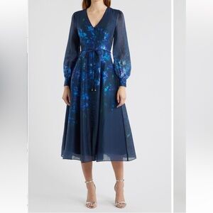 EVER NEW Kahlani Midi Dress Long Sleeve in Navy Blue Fontaine Floral Size 8